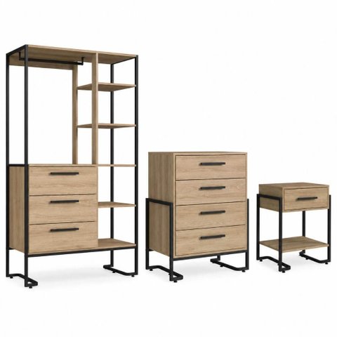 Kit Quarto 3 Pçs Industrial Closet Cômoda Mesa de Cabeceira Placa e Ponto Marrom Preto