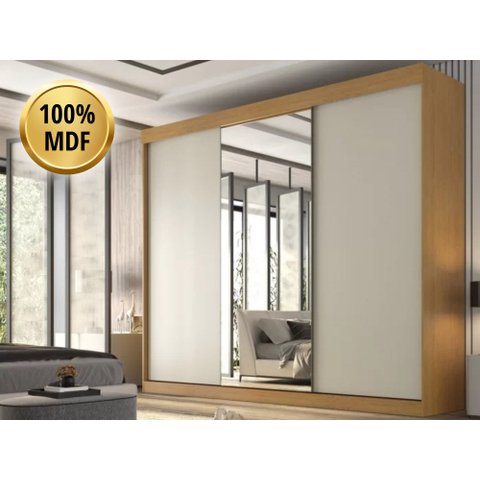Guarda Roupa Garibaldi 3 Portas de Correr e 6 Gavetas com Espelho Valverde Cinamomo Off