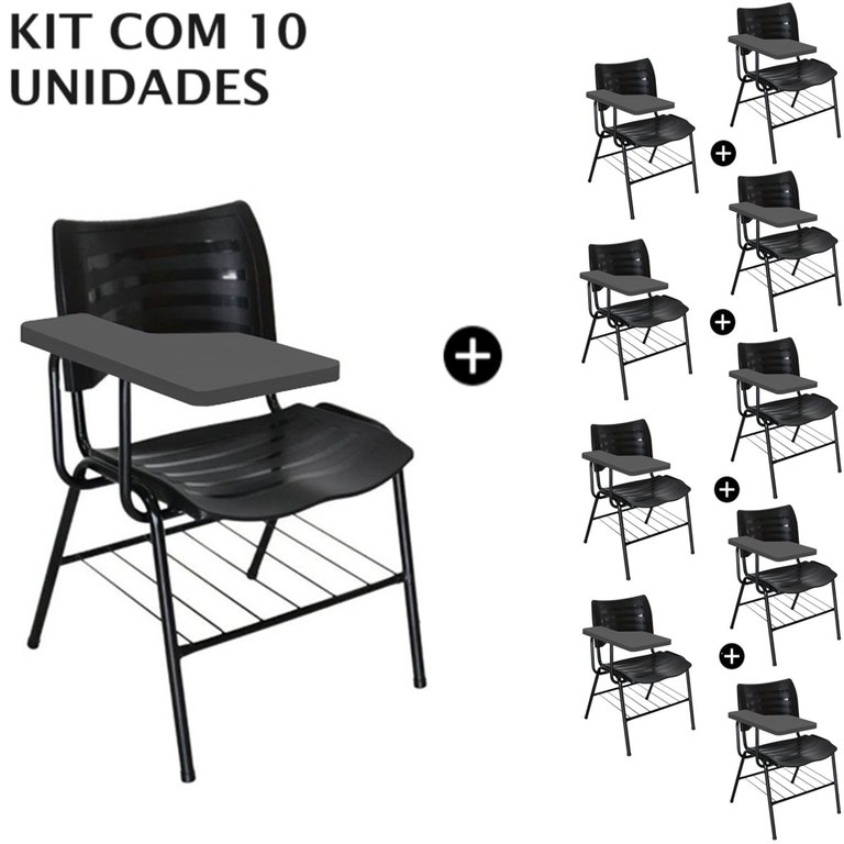 Kit 10 Cadeiras Universitárias Preta com Porta Livros Prancheta Plástica
