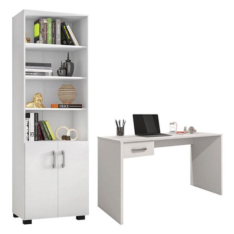 Mesa para Computador Gávea com Gaveta e Livreiro Office com Portas Pequenas Branco Trama - Móveis Le