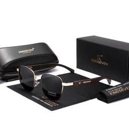 Óculos de Sol Polarizado Hastes Madeira Proteção Uv400 Cinza Dourado - 2