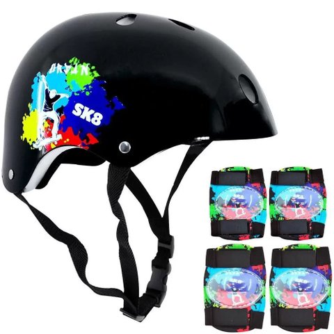 Kit Capacete Infantil com Joelheiras e Cotoveleiras Dm Radical Preto -esportes Radicais +6 Anos