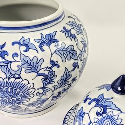 Pote Potiche Porcelana Azul Branco Floral Clássico Decoração - 8