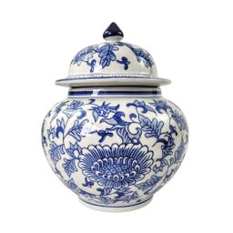 Pote Potiche Porcelana Azul Branco Floral Clássico Decoração - 1