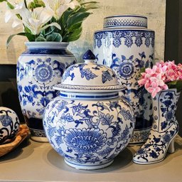 Pote Potiche Porcelana Azul Branco Floral Clássico Decoração - 2