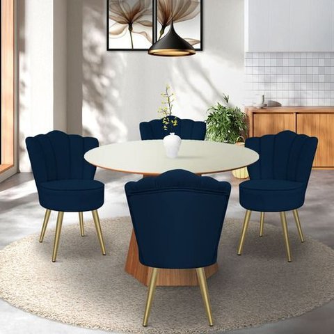 Kit 4 Cadeiras de Jantar Pétala com Pés em Aço Dourado Veludo Azul Marinho Bz Home Decor
