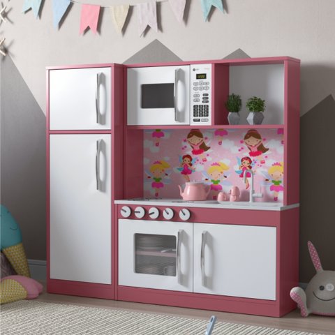 Armário Cozinha com Refrigerador Infantil Lux Branco Rosa
