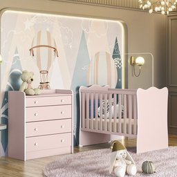 Quarto de Bebê Doce Sonho com Cômoda 2523 e Berço Simples 1 Qmovi Rosa Acetinado - 1