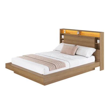 Cama de Casal e Queen Suspensa com Iluminação em LED e Organizador na Cabeceira Cancun Cor Mel -