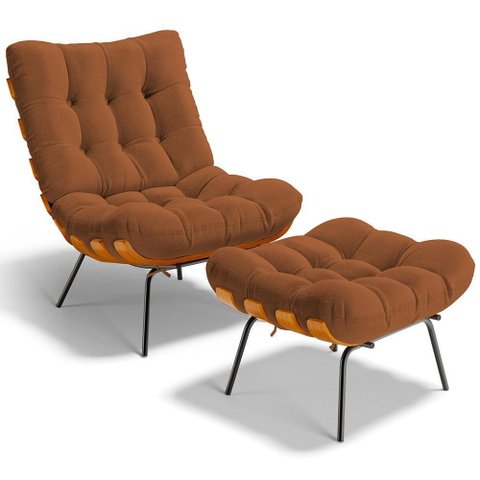 Poltrona Costela L02 com Puff Sala de Estar Bouclê Terracota - Lyam Decor