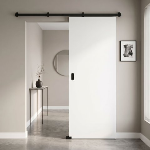 Porta Branca 90x210cm + Kit de Correr Preto de Sobrepor