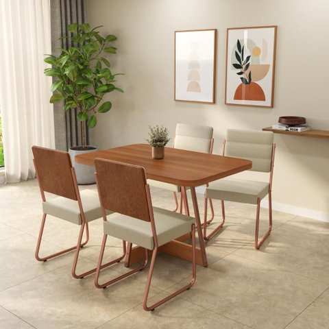 Conjunto Sala de Jantar 4 Cadeiras Madu Carraro Nogal Rosê