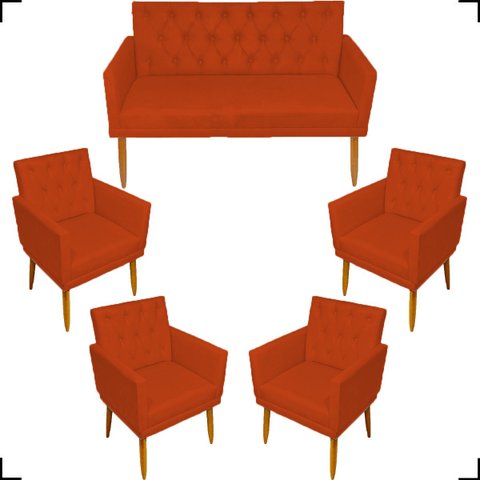 Kit Namoradeira Decorativa Para Sala Capitonê Com Base + 4 Poltronas Para Recepção Suede