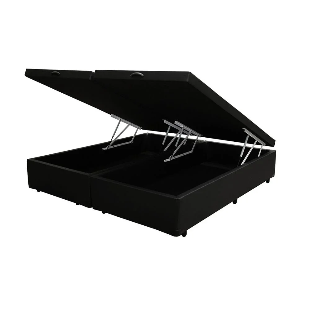 Cama Box Baú King Bipartido Suede Preto Com Pistão A Gás