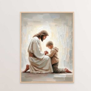 Quadro Decorativo Jesus Cristo e o Menino Rezando Orando Quarto Infantil