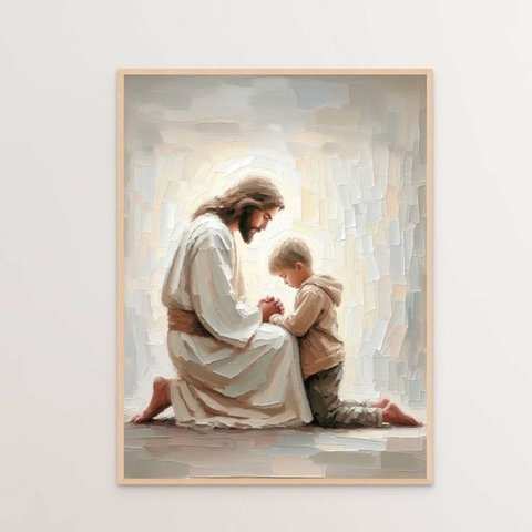 Quadro Decorativo Jesus Cristo e o Menino Rezando Orando Quarto Infantil
