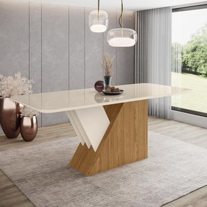 Mesa 200 x 90 cm Sala De Jantar Cozinha Arredondado com Vidro MDF Branco Off White Madeira Nature
