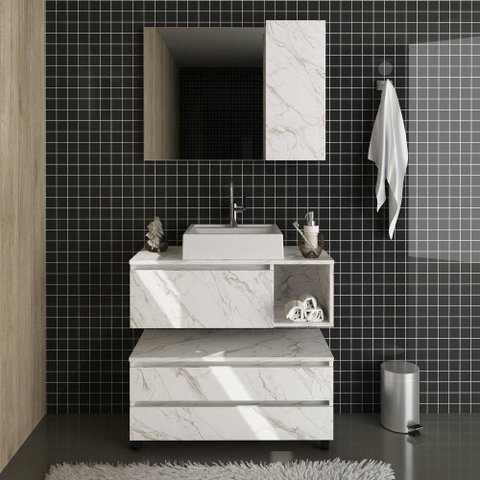 Gabinete De Banheiro + Cuba 80cm Cr10094 Mármore Branco