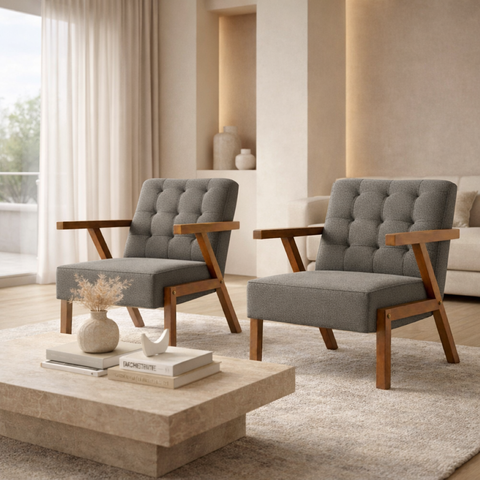 Kit 2 Poltronas Zara Capitone Tecido Boucle Moderna Decorativa Pés em Madeira Maciça para Sala de Es