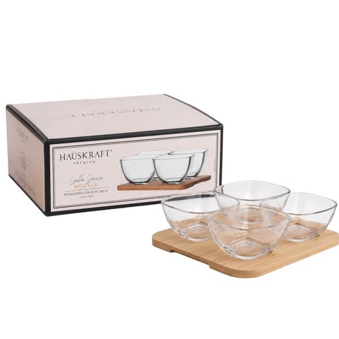 Petisqueira Monaco com 4 Tigelas de Vidro 280ml e Base de Madeira
