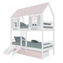 Ver imagem 2 de Beliche Casinha Bela com 2 Gavetas Rosa Kit Escada/escorregador - Madeira Maciça Branco/rosa/verde