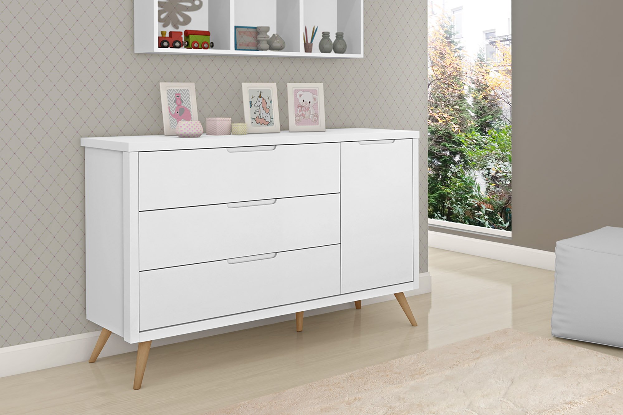 Cômoda Quarto Bebê Fraldário Retro 3 Gavetas com Porta Mdf