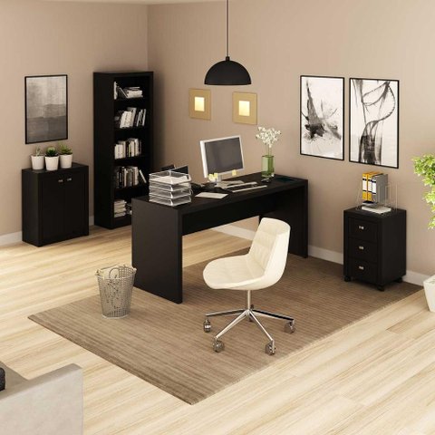 Kit Escritório Completo com Mesa Gaveteiro Estante e Balcão Cor:preto