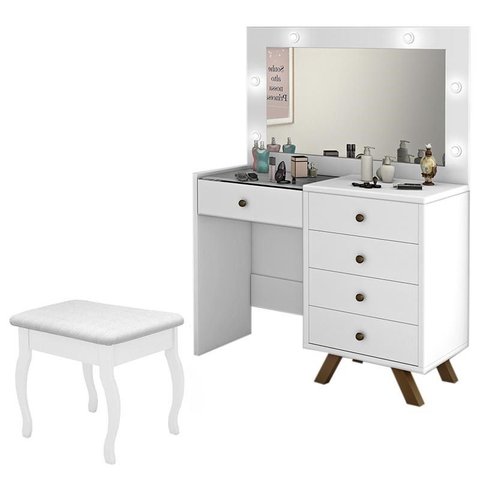Penteadeira Camarim Luna com Banqueta Almofadada Branco - Móveis Luapa