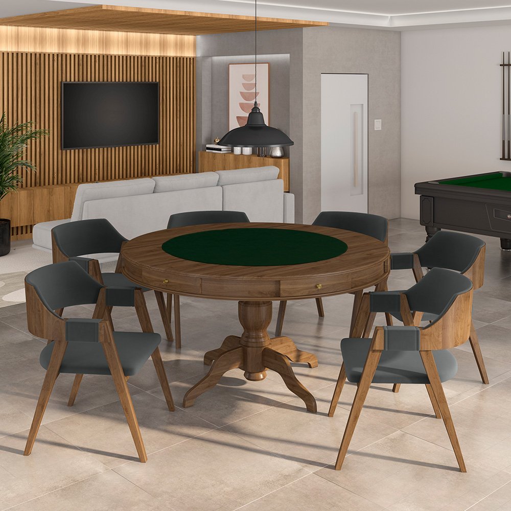 Conjunto Mesa de Jogos Carteado Bellagio Tampo Reversível e 6 Cadeiras Madeira Poker Base Estrela Ve
