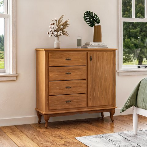 Cômoda 4 Gavetas 1 Porta Clássica Pés Luiz XV  Imbuia