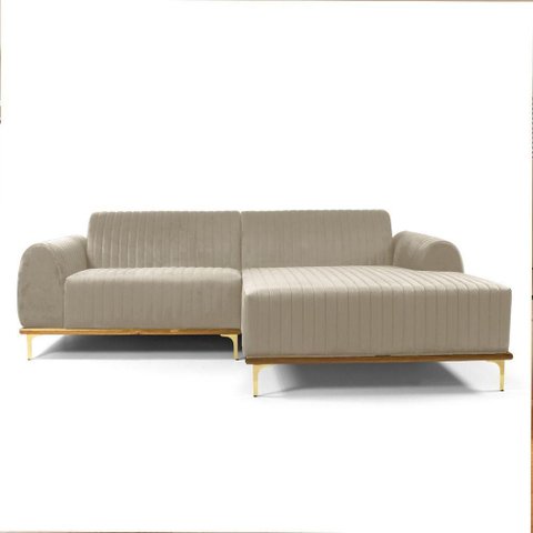 Sofá com Chaise Cocie 3 Lugares Fixo 230cm Bege Veludo Sallar Home