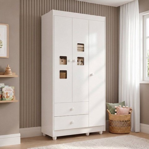 Guarda Roupa de Bebê 100% MDF 3 Portas 2 Gavetas Life Branco