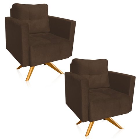 Poltrona Sala Decorativa Kit 2 Livia Giratória Madeira Suede Marrom M11 - D’Rossi