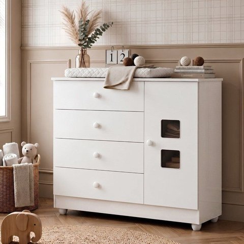 Cômoda de Bebê 100% MDF 1 Porta 4 Gavetas Life Branco