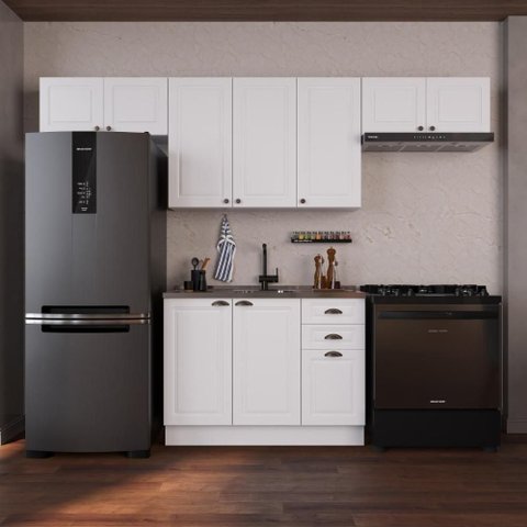 Cozinha Compacta Modulada Nara 10 Portas 2 Gavetas MDF 280cm Branco Fidelita Móveis