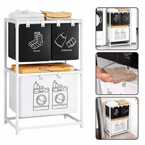 Estante Lavanderia Tripla Cesto Sapateira Metal Roupa Suja 3 Andares Roupeiro 3 Gavetas Organizador