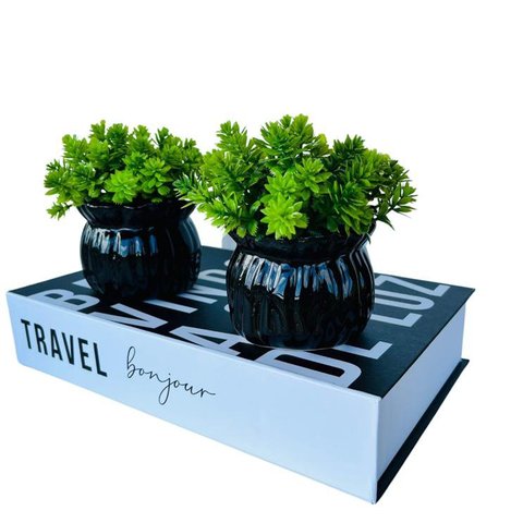 Kit livro caixa porta objetos e dupla vaso preto cerâmico