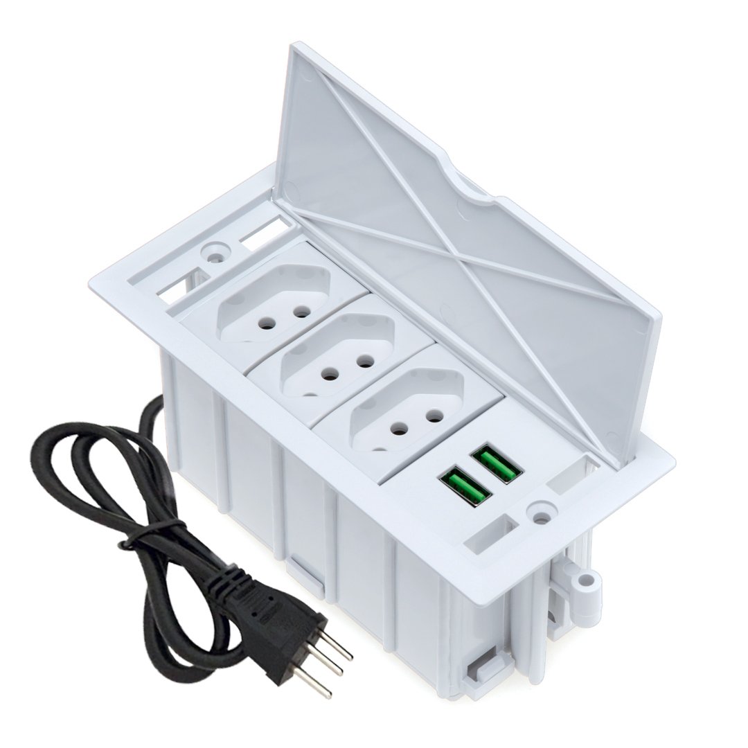 Caixa de Tomada 4 Blocos 3 Tomadas 10a 2 Usb 4.9a:branco - 1