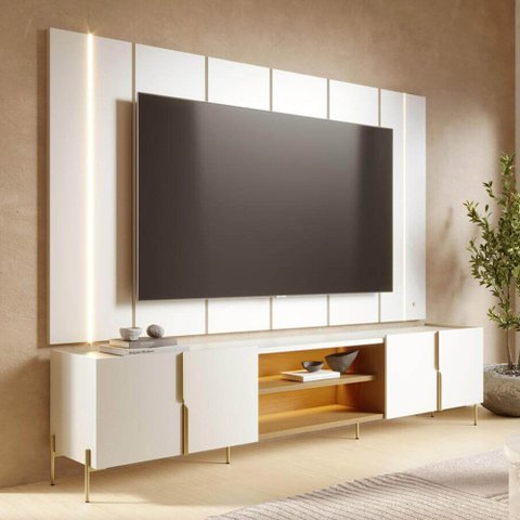 Rack para Sala com Painel para TV 75 pol com LED 243cm Novare C04 Off White Matte Freijó - Lyam Deco