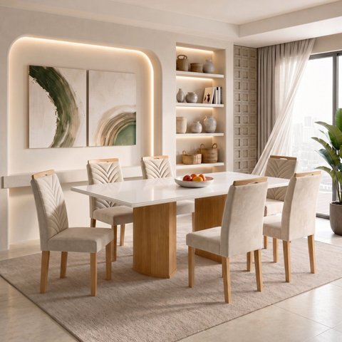 Conjunto de Mesa de Jantar 6 Lugares Isla e Carol Vidro MDF Cinamomo Off White