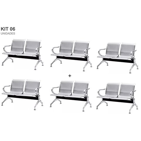 Kit com 6 Cadeiras Longarina Aeroporto Cromada 2 Lugares
