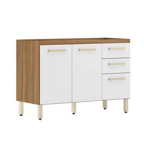 Balcão Armário Multiuso com Tampo 120 cm 3 Portas Amêndola/ Branco - Bela Móveis