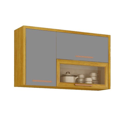 Armário Aéreo 3 Portas com Porta de Vidro Donna Cinamomo/Cinza