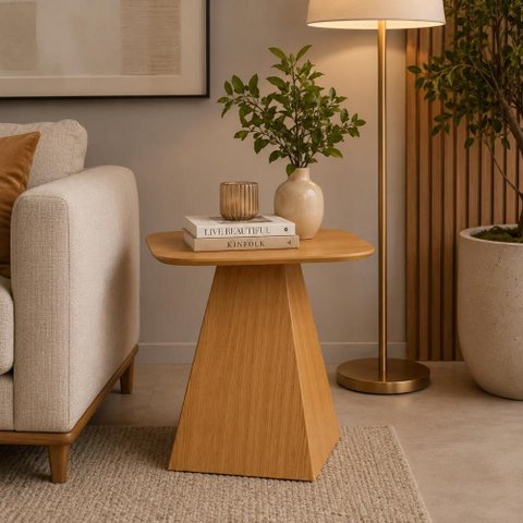 Mesa de Canto Auxiliar Quadrada 50 cm Base Pirâmide 100% MDF Dalla Costa Cor:Carvalho Rosé