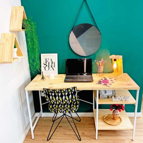 Mesa para Escritório com Prateleiras Style Industrial Natural e Branco
