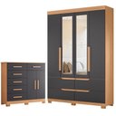 Ver imagem 1 de Guarda Roupa Solteiro Doble 04 Portas com Espelho e Cômoda Xangai Freijo Titanium - Móveis Albatroz