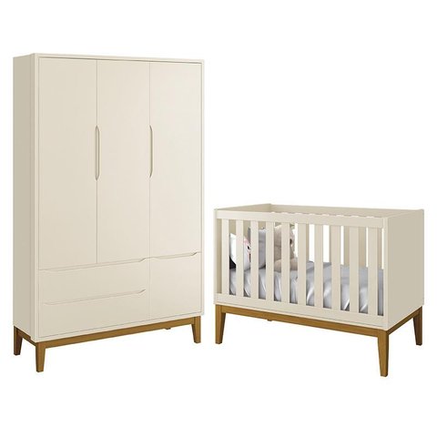 Jogo de Quarto Infantil Guarda Roupa 3 Portas e Berço Classic Areia Fosco com Pés Amadeirado -
