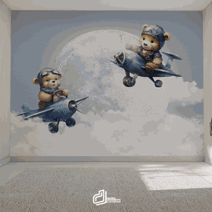 Papel de Parede Painel Ursinho Aviador Aquarelado