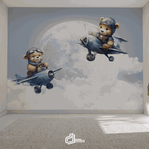 Papel de Parede Painel Ursinho Aviador Aquarelado