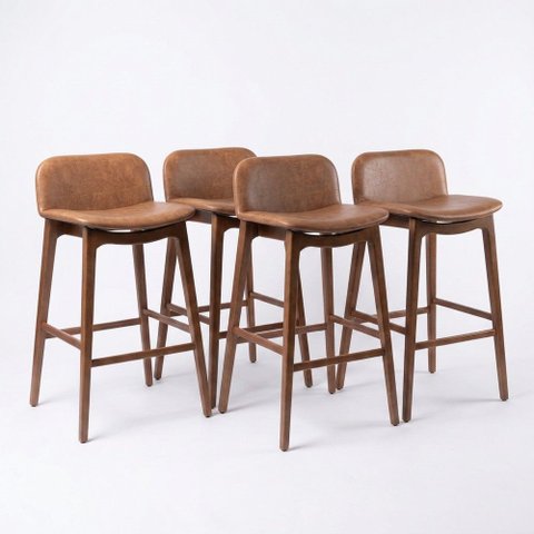 Kit 04 Banquetas Altas Arabella Madeira Maciça Estofada Encosto Curvo Facto Camel - Desk Design